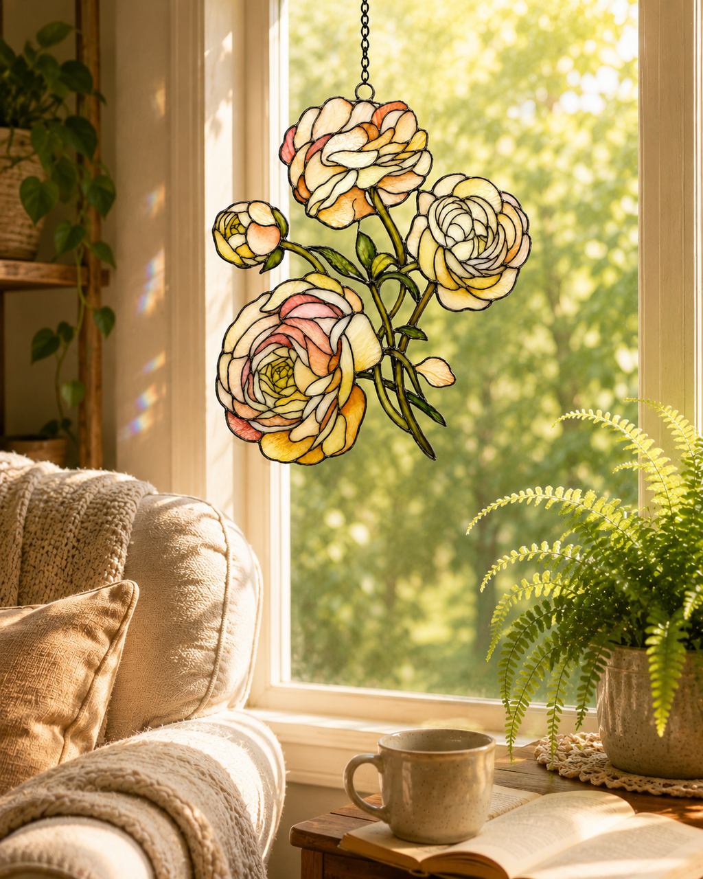 Peach Ranunculus Flower Holographic Acrylic Suncatcher