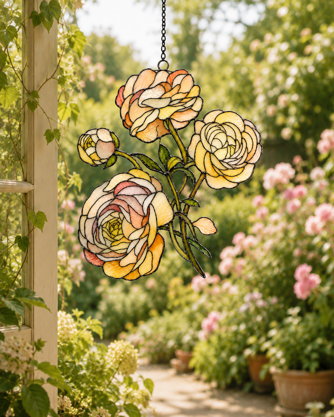 Peach Ranunculus Flower Holographic Acrylic Suncatcher