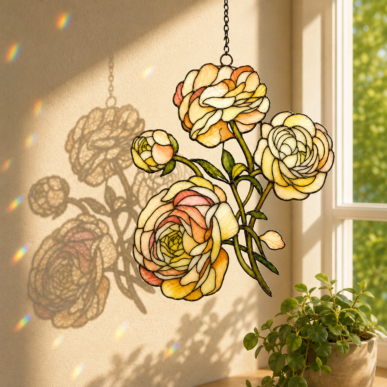 Peach Ranunculus Flower Holographic Acrylic Suncatcher