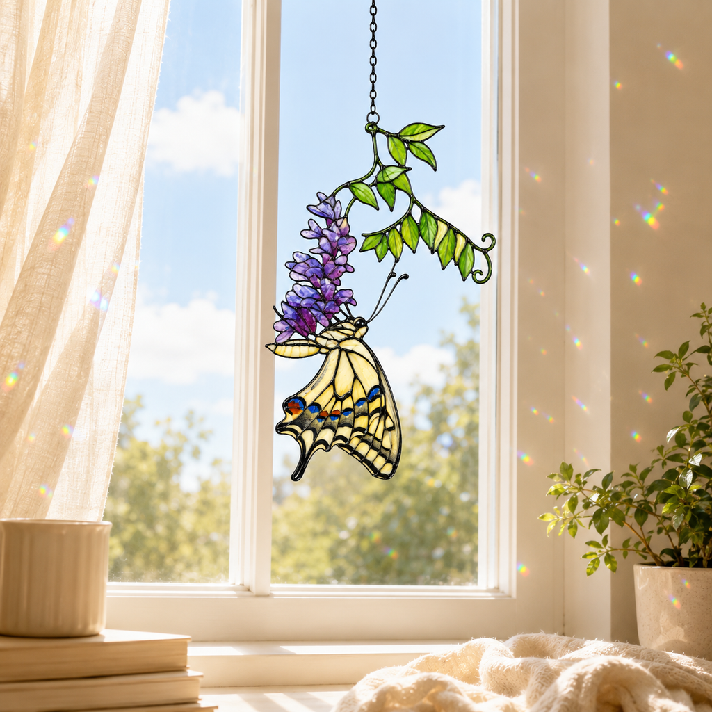 Swallowtail Butterfly & Purple Wisteria Holographic Acrylic Suncatcher