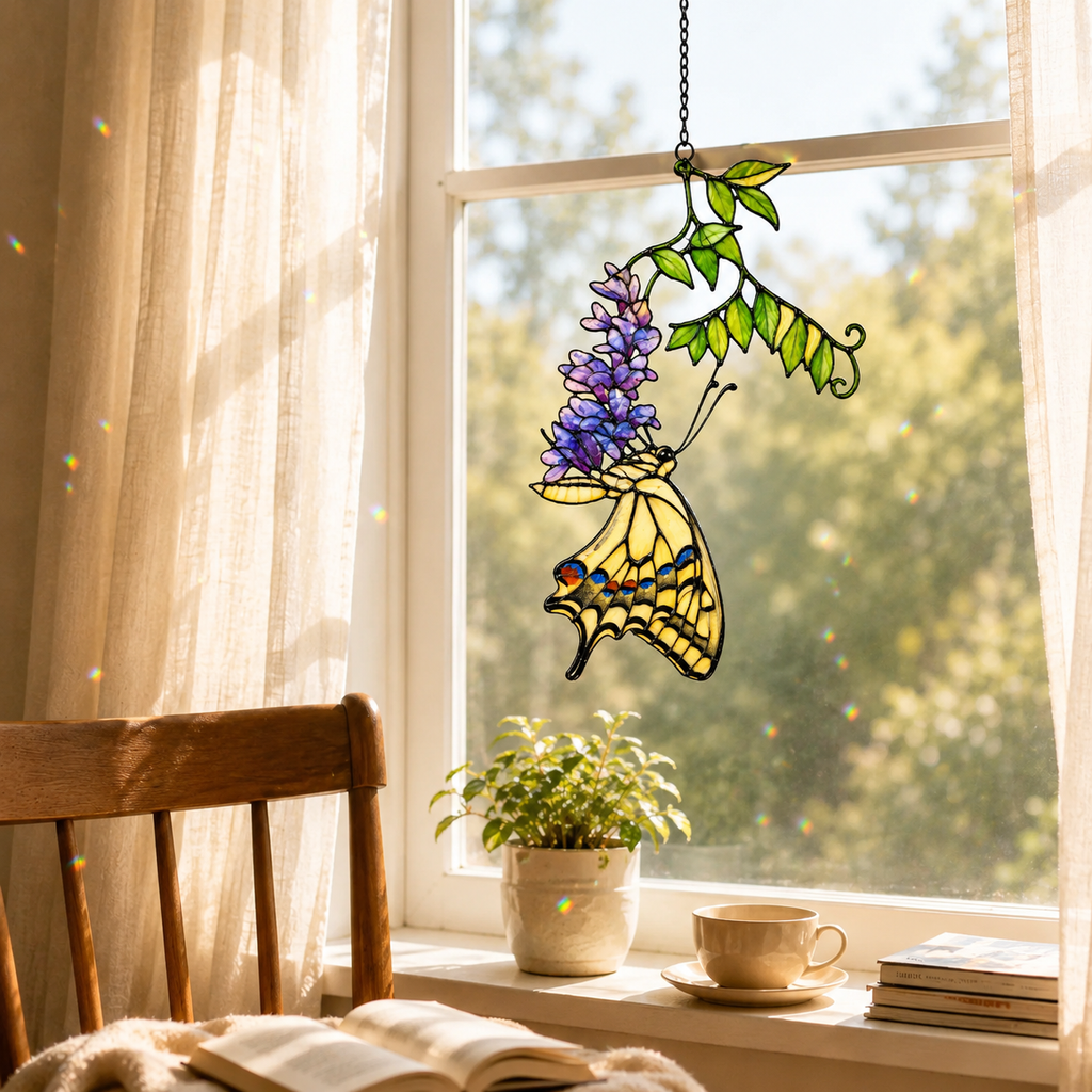 Swallowtail Butterfly & Purple Wisteria Holographic Acrylic Suncatcher