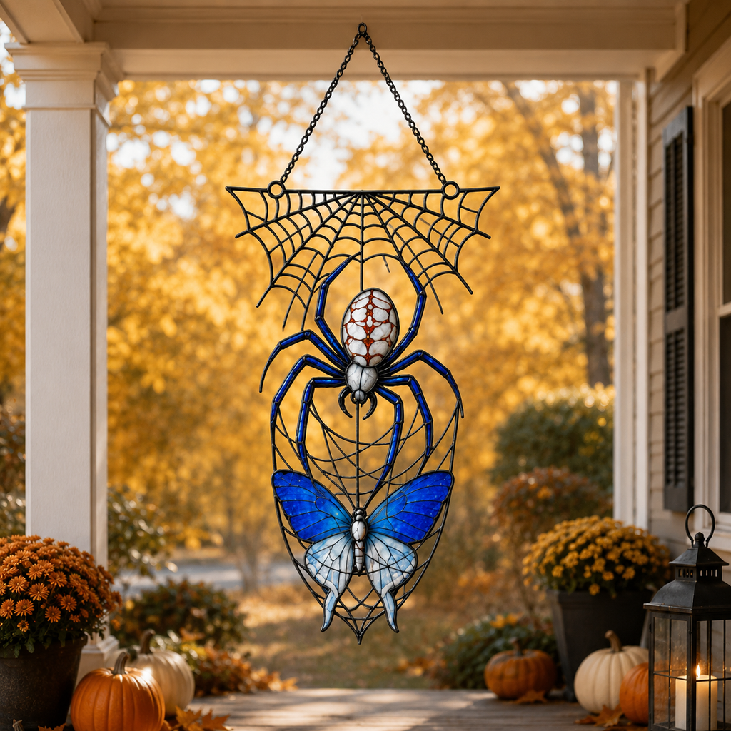 Blue Spider on Web Holographic Acrylic Suncatcher