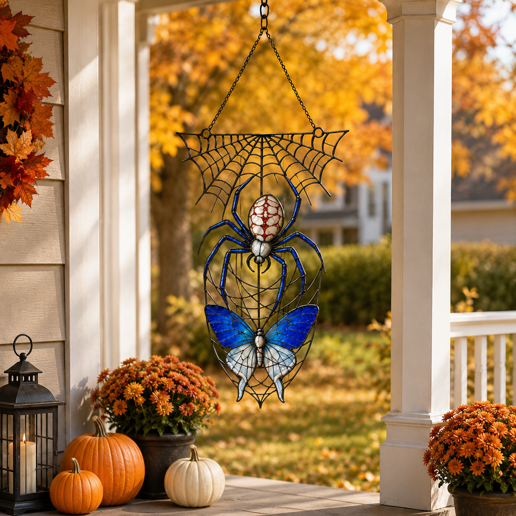 Blue Spider on Web Holographic Acrylic Suncatcher