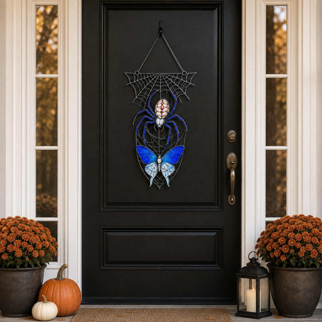 Blue Spider on Web Holographic Acrylic Suncatcher