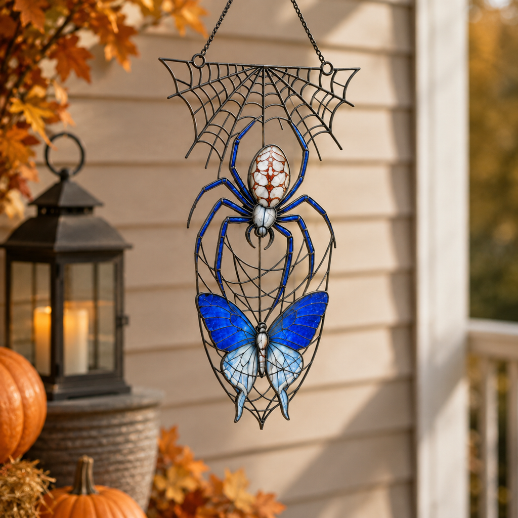 Blue Spider on Web Holographic Acrylic Suncatcher