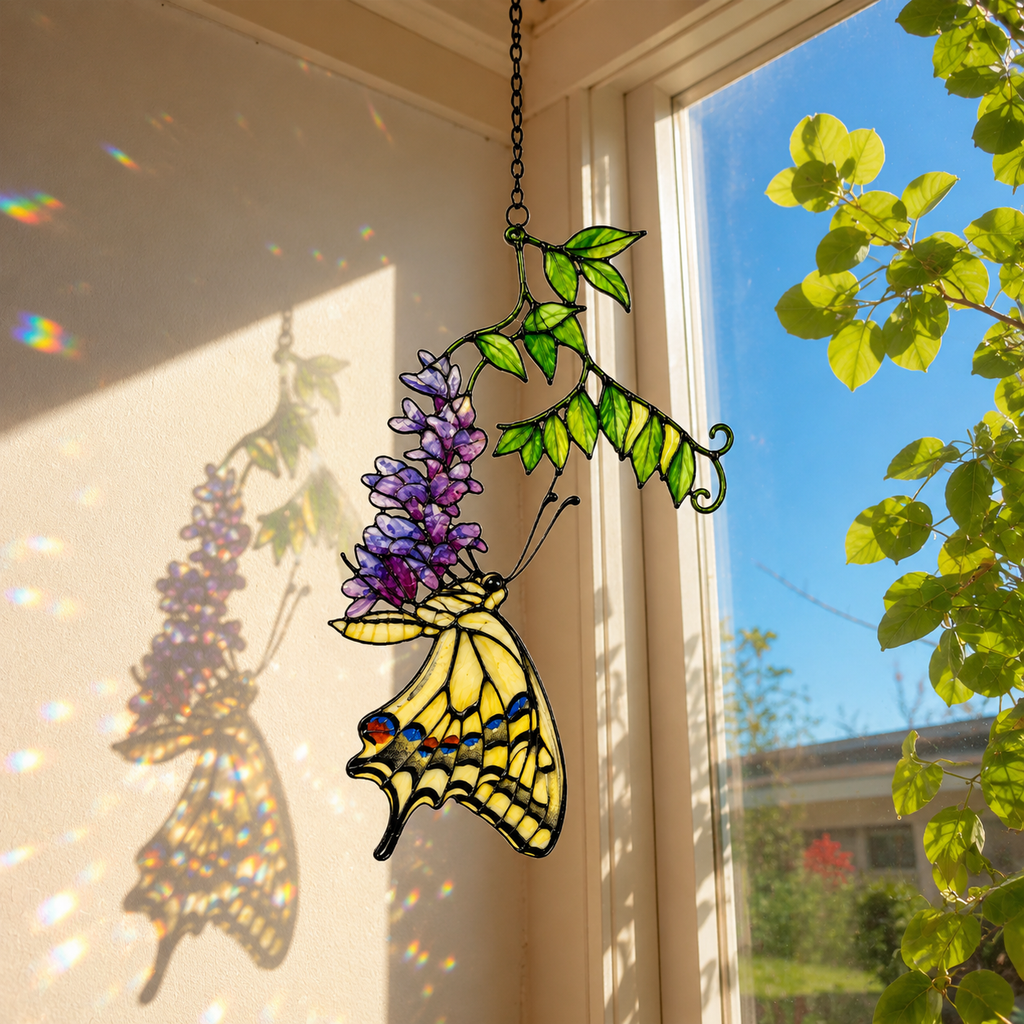 Swallowtail Butterfly & Purple Wisteria Holographic Acrylic Suncatcher