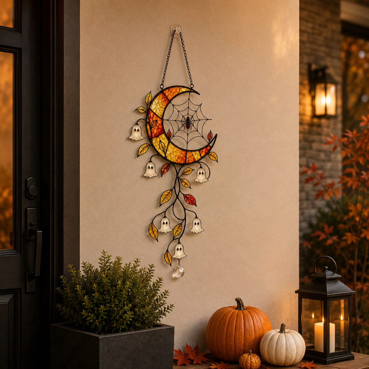 Crescent Moon Ghost Blossom & Spider Web Holographic Acrylic Suncatcher