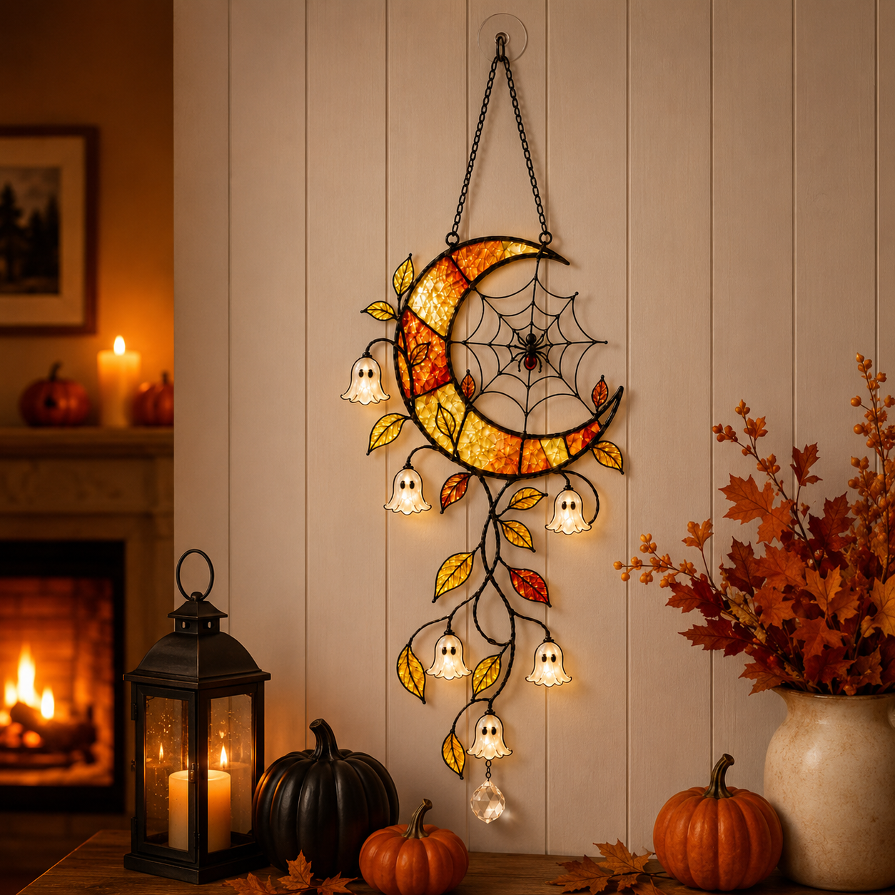 Crescent Moon Ghost Blossom & Spider Web Holographic Acrylic Suncatcher
