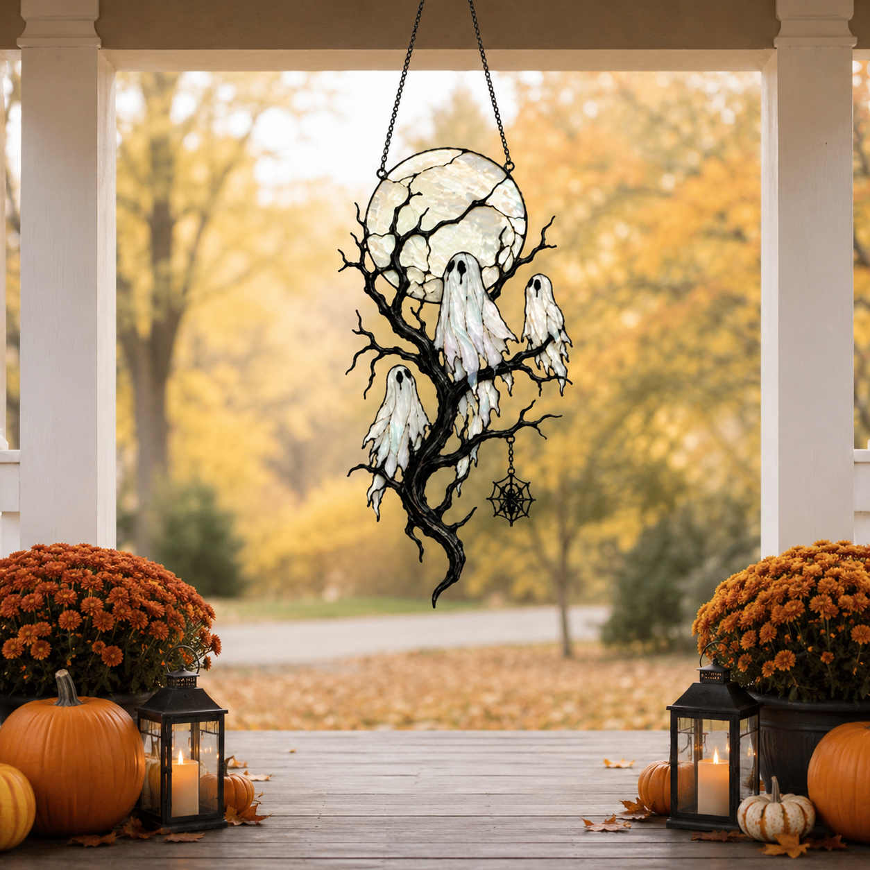 Full Moon & Floating Ghost Tree Holographic Acrylic Suncatcher