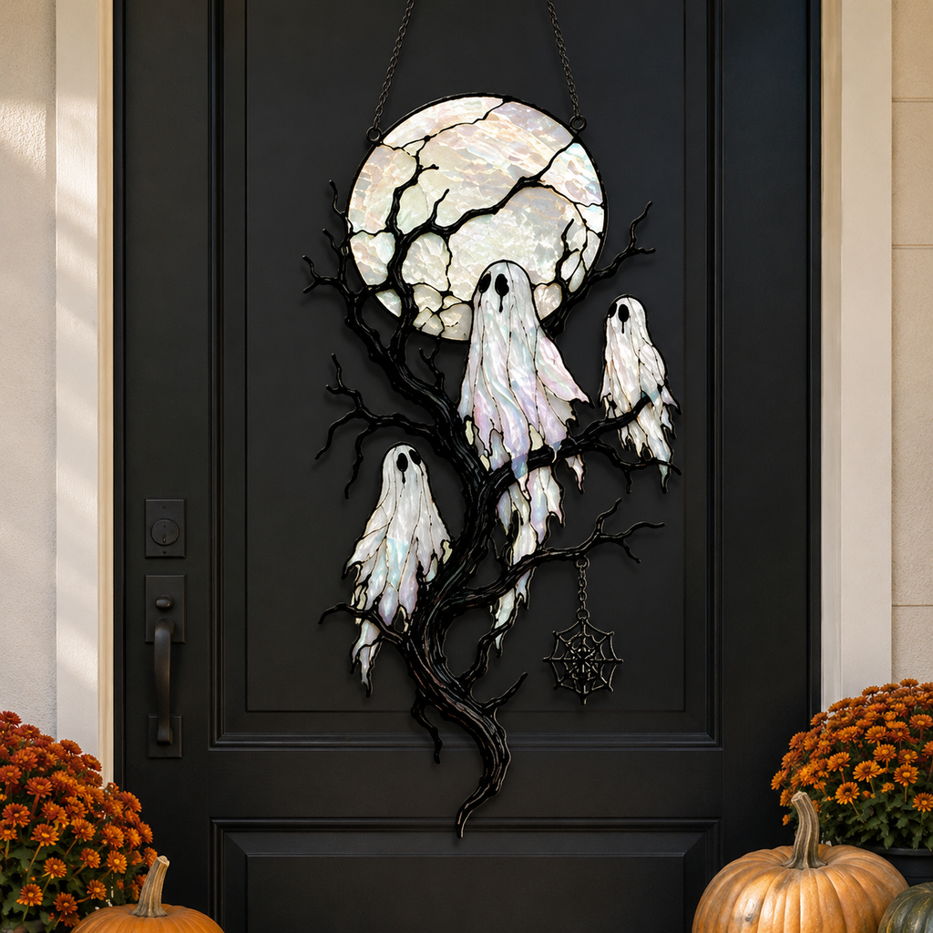 Full Moon & Floating Ghost Tree Holographic Acrylic Suncatcher
