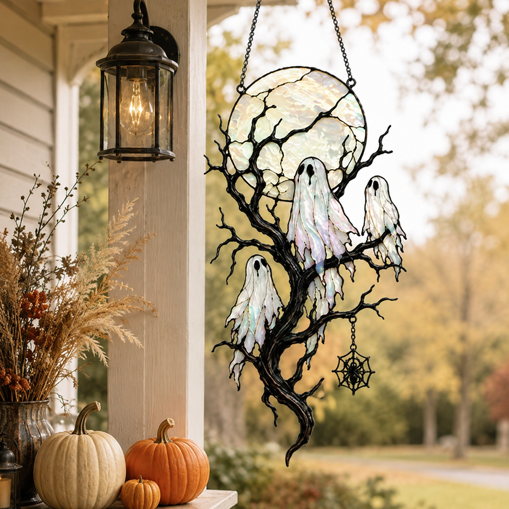 Full Moon & Floating Ghost Tree Holographic Acrylic Suncatcher
