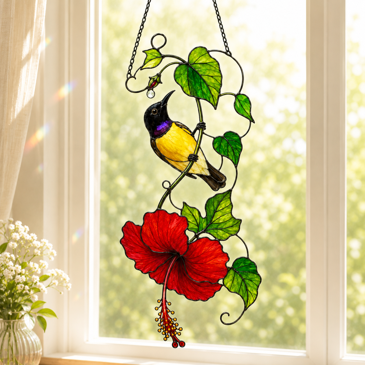 Sunbird & Red Hibiscus Holographic Acrylic Suncatcher