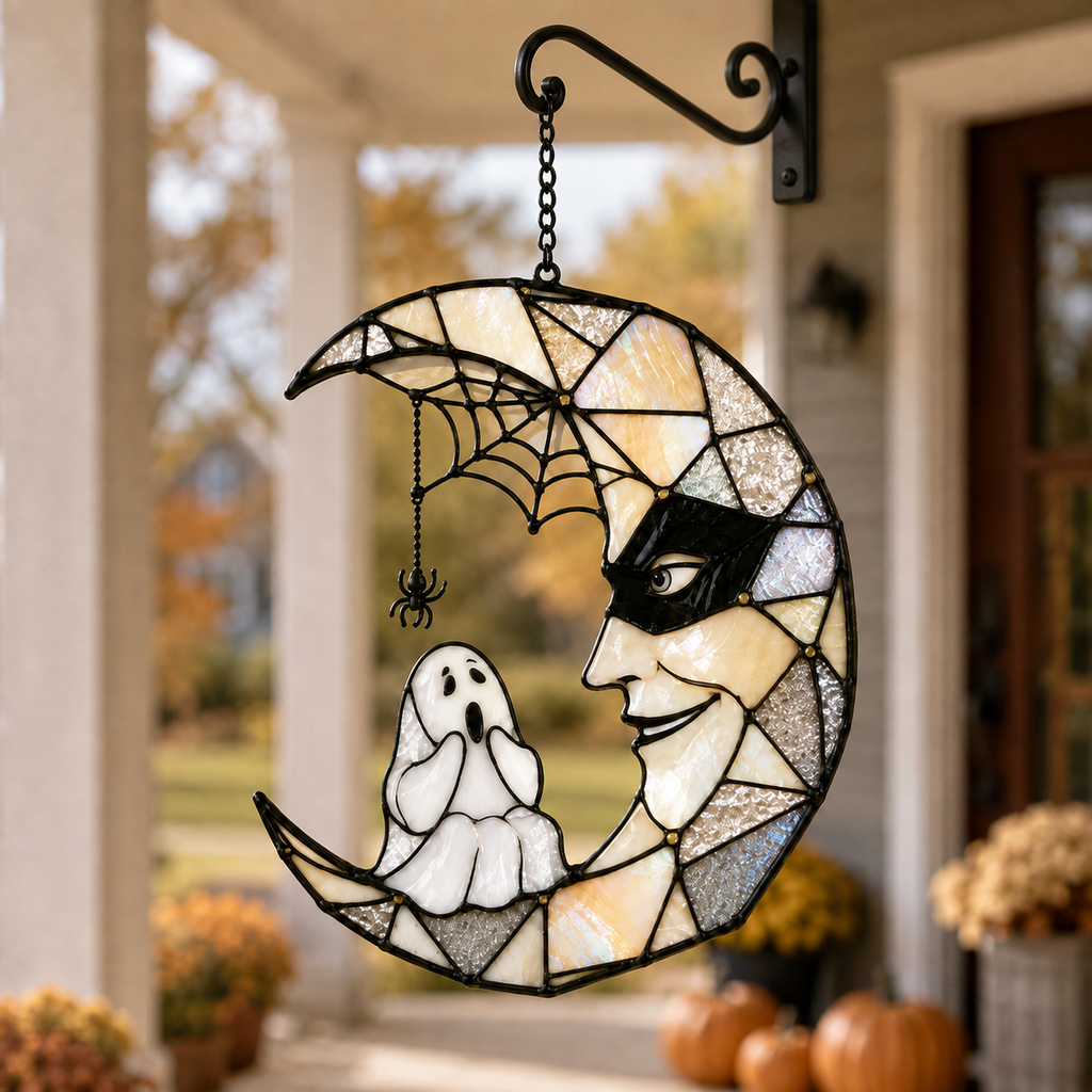 Masquerade Moon Face with Little Ghost Holographic Acrylic Suncatcher