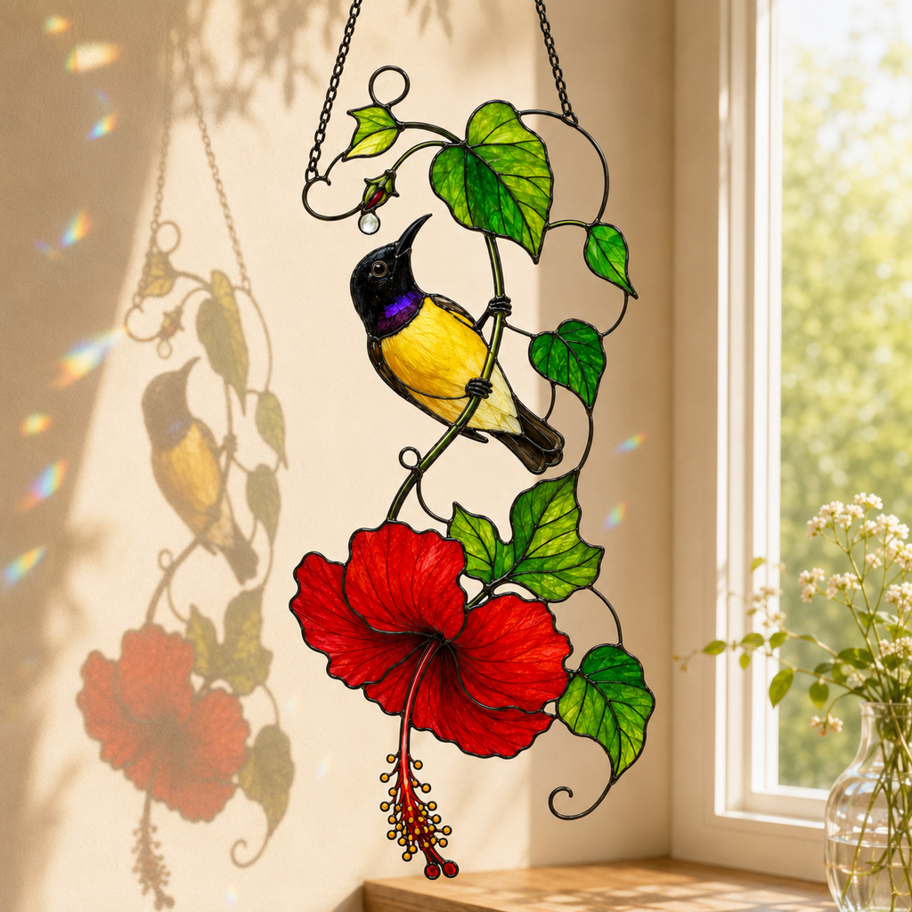 Sunbird & Red Hibiscus Holographic Acrylic Suncatcher