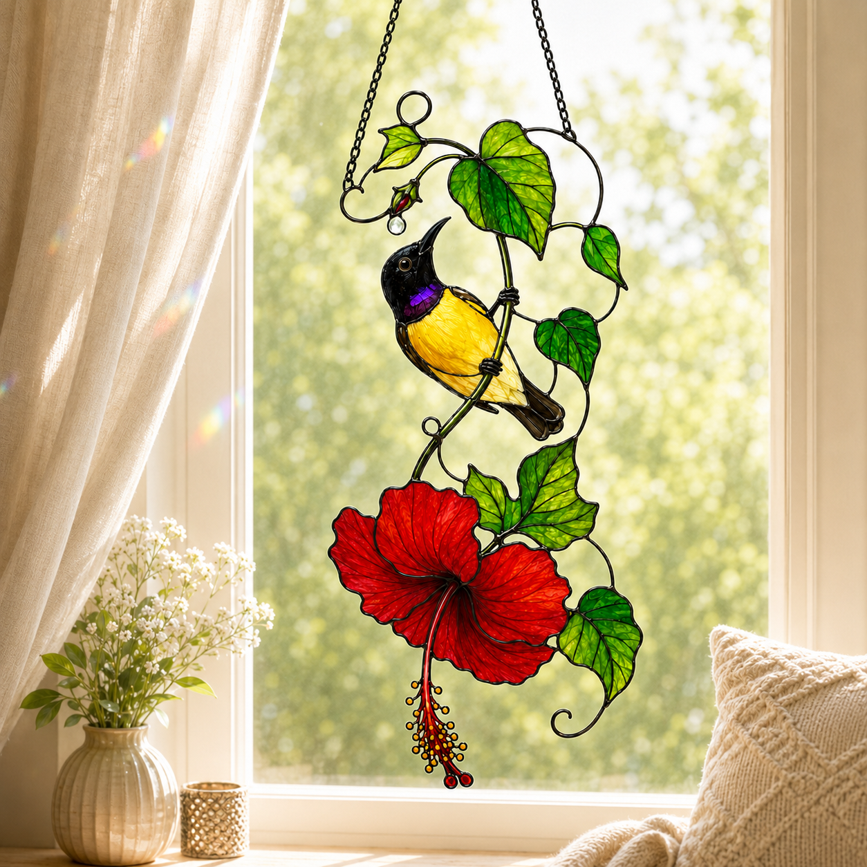 Sunbird & Red Hibiscus Holographic Acrylic Suncatcher