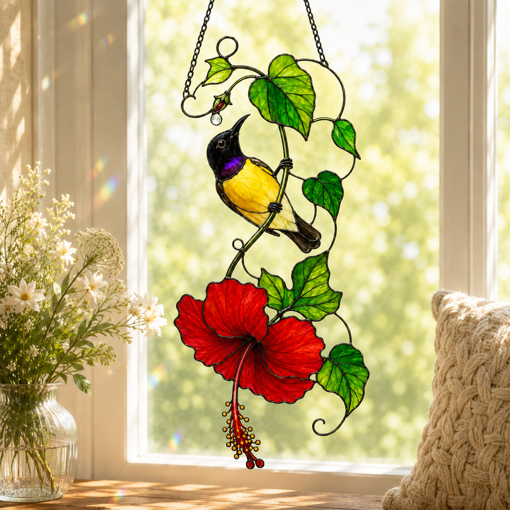 Sunbird & Red Hibiscus Holographic Acrylic Suncatcher