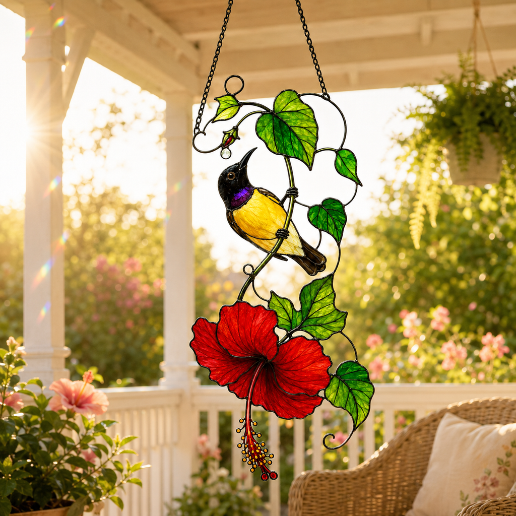 Sunbird & Red Hibiscus Holographic Acrylic Suncatcher