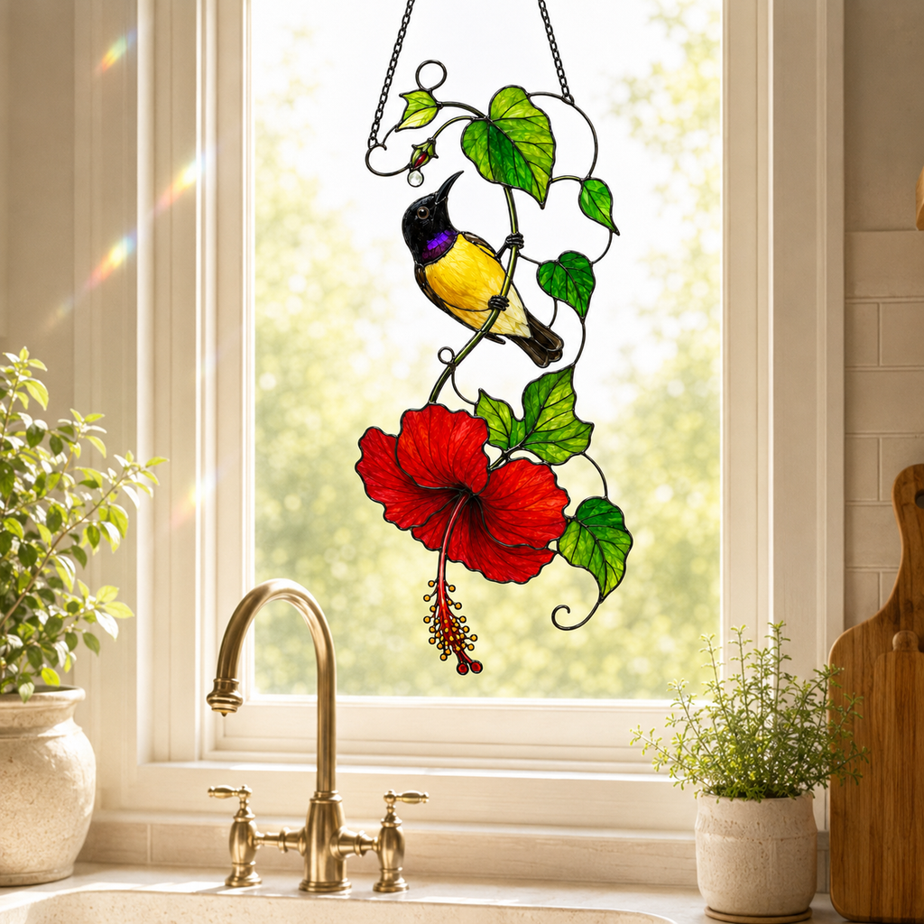 Sunbird & Red Hibiscus Holographic Acrylic Suncatcher