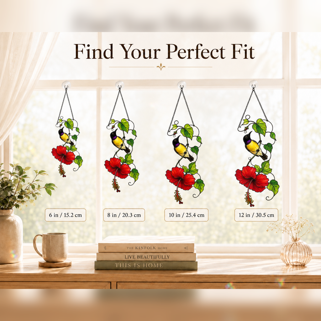 Sunbird & Red Hibiscus Holographic Acrylic Suncatcher