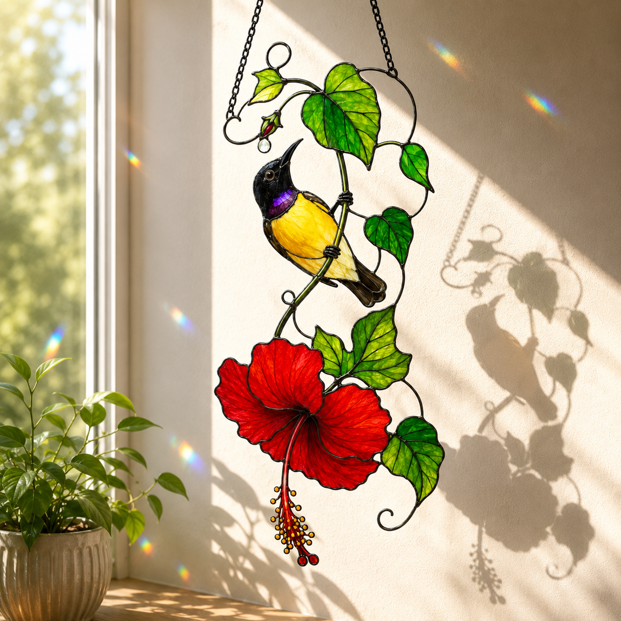 Sunbird & Red Hibiscus Holographic Acrylic Suncatcher