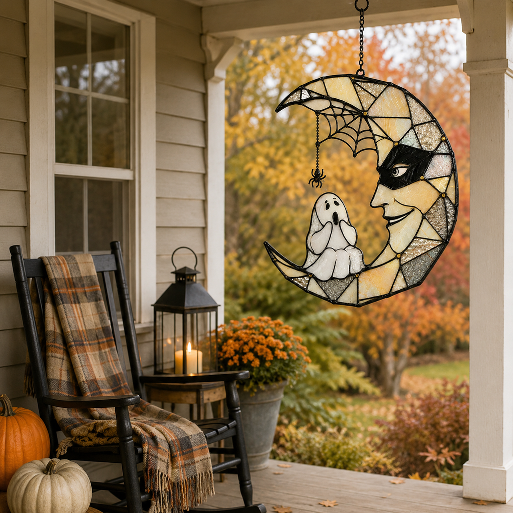 Masquerade Moon Face with Little Ghost Holographic Acrylic Suncatcher
