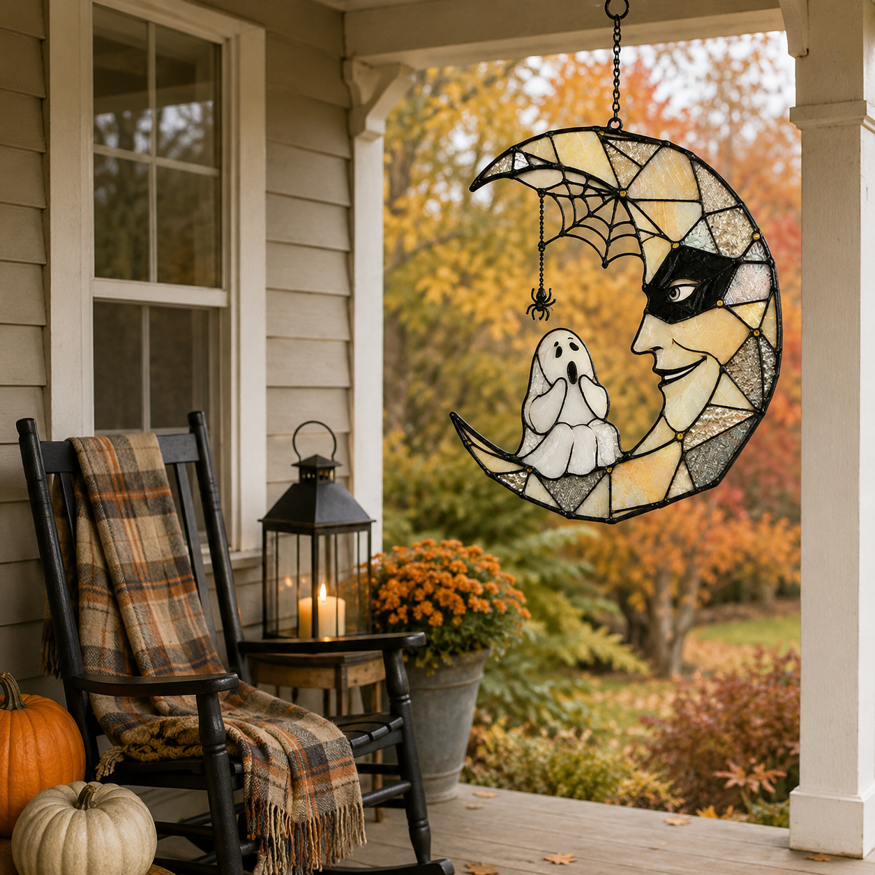 Masquerade Moon Face with Little Ghost Holographic Acrylic Suncatcher