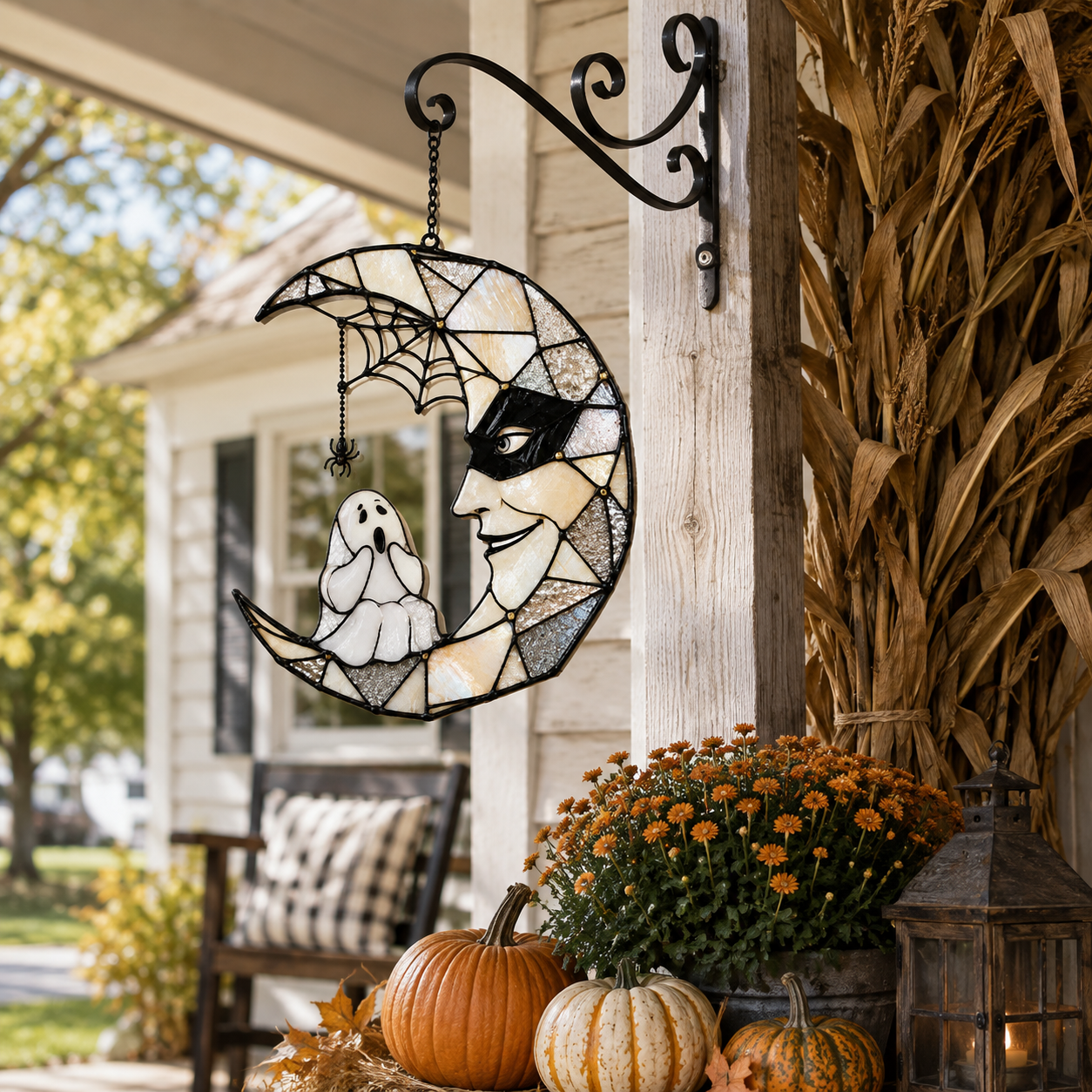 Masquerade Moon Face with Little Ghost Holographic Acrylic Suncatcher