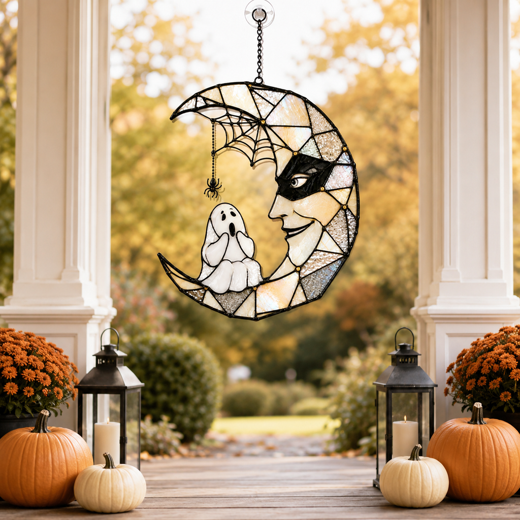 Masquerade Moon Face with Little Ghost Holographic Acrylic Suncatcher