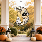 Masquerade Moon Face with Little Ghost Holographic Acrylic Suncatcher