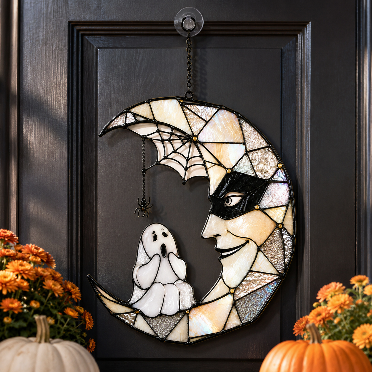Masquerade Moon Face with Little Ghost Holographic Acrylic Suncatcher