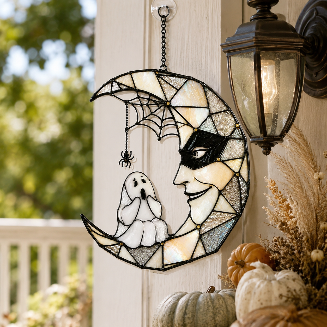 Masquerade Moon Face with Little Ghost Holographic Acrylic Suncatcher