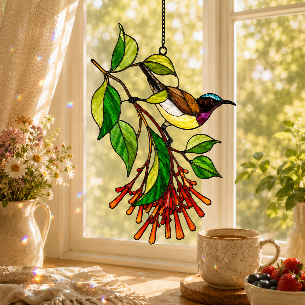 Sunbird & Firecracker Flower Holographic Acrylic Suncatcher