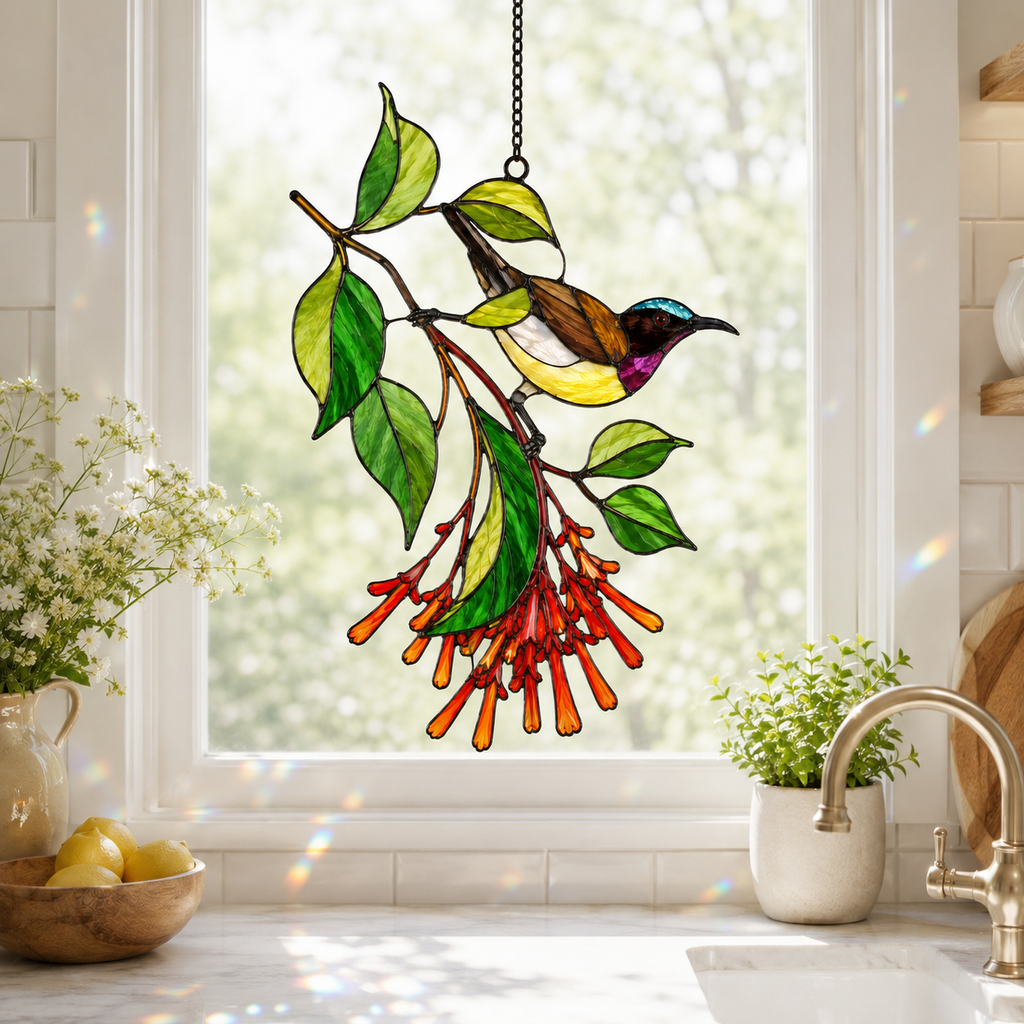 Sunbird & Firecracker Flower Holographic Acrylic Suncatcher