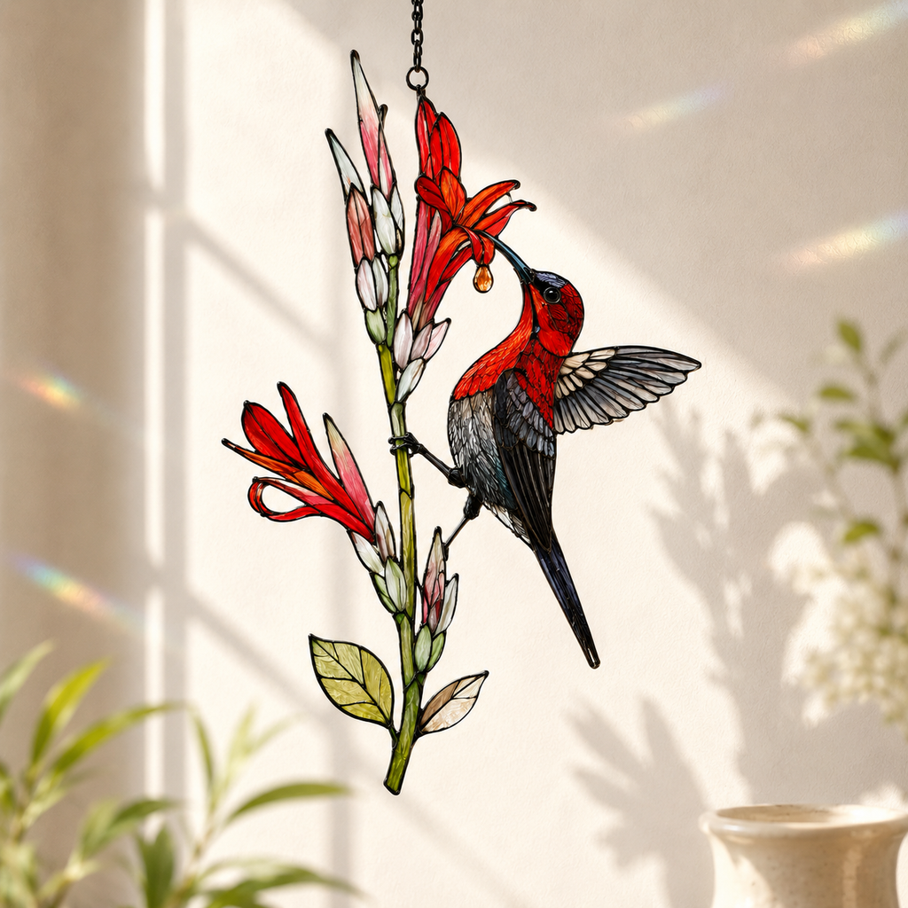 Crimson Sunbird & Canna Lily Holographic Acrylic Suncatcher