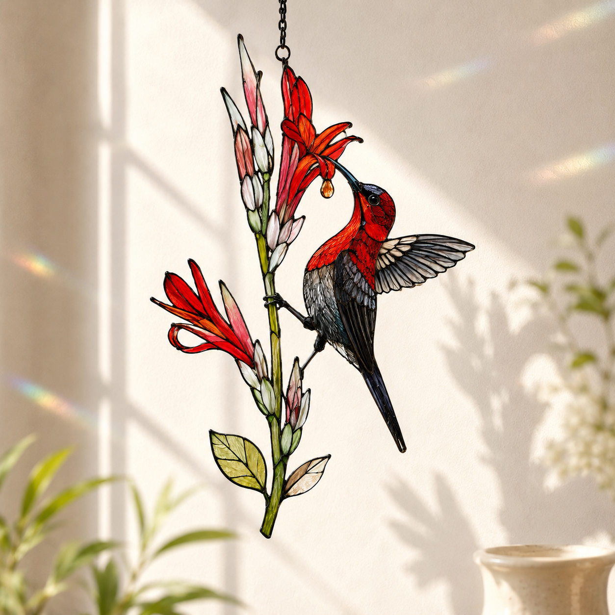 Crimson Sunbird & Canna Lily Holographic Acrylic Suncatcher