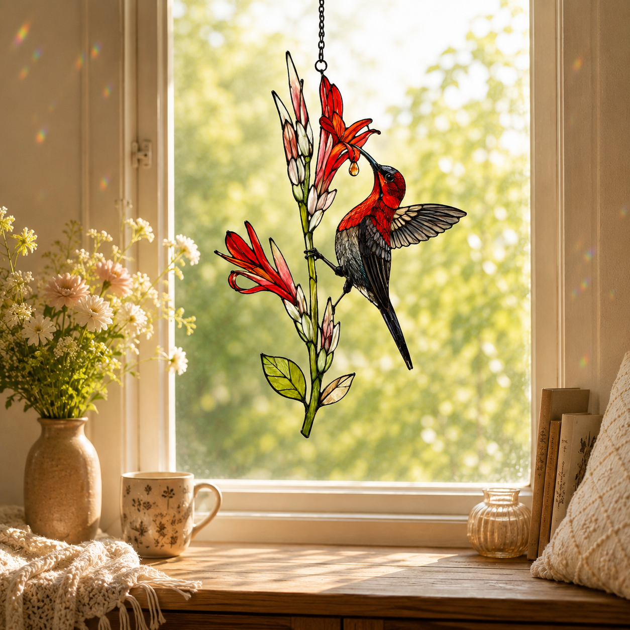 Crimson Sunbird & Canna Lily Holographic Acrylic Suncatcher