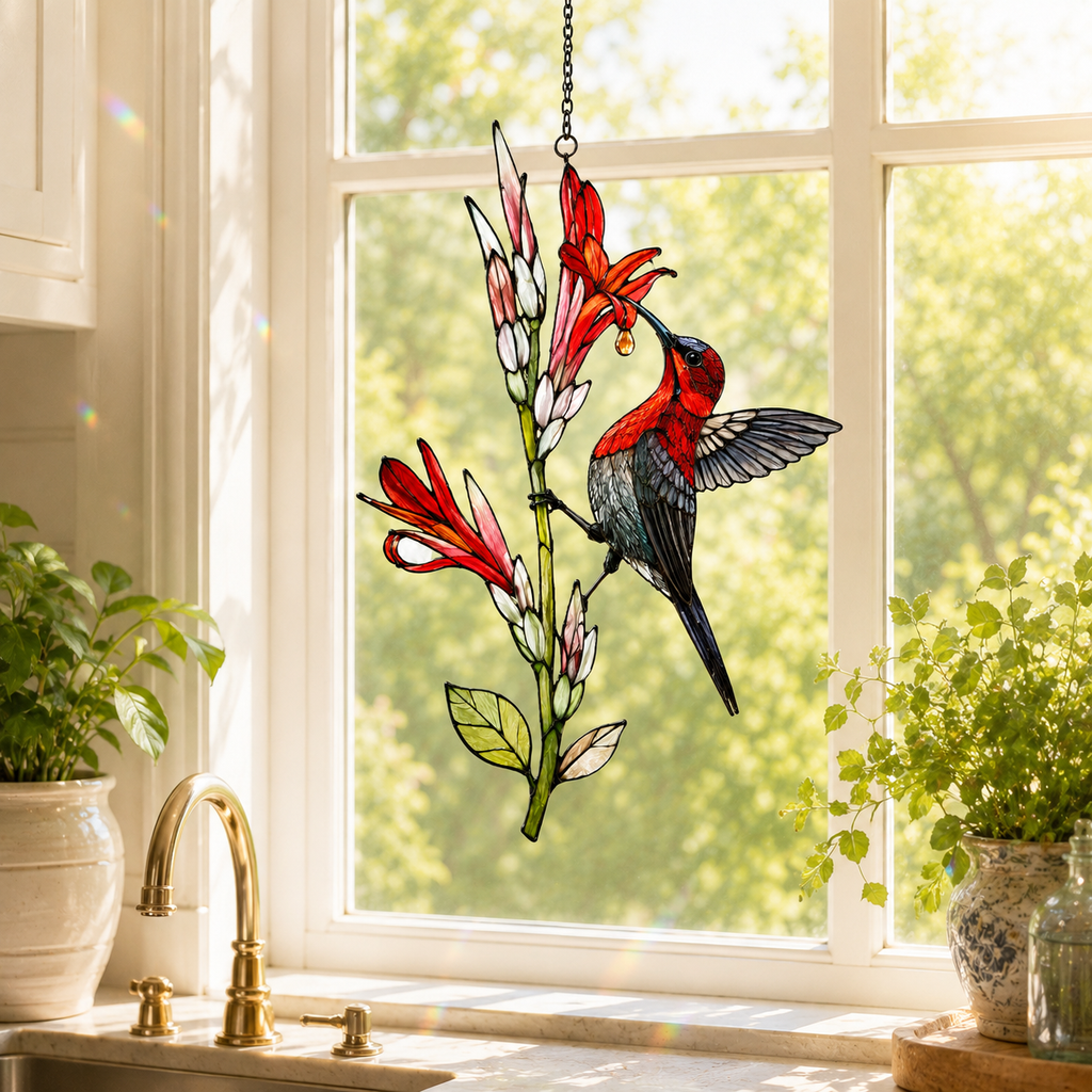 Crimson Sunbird & Canna Lily Holographic Acrylic Suncatcher