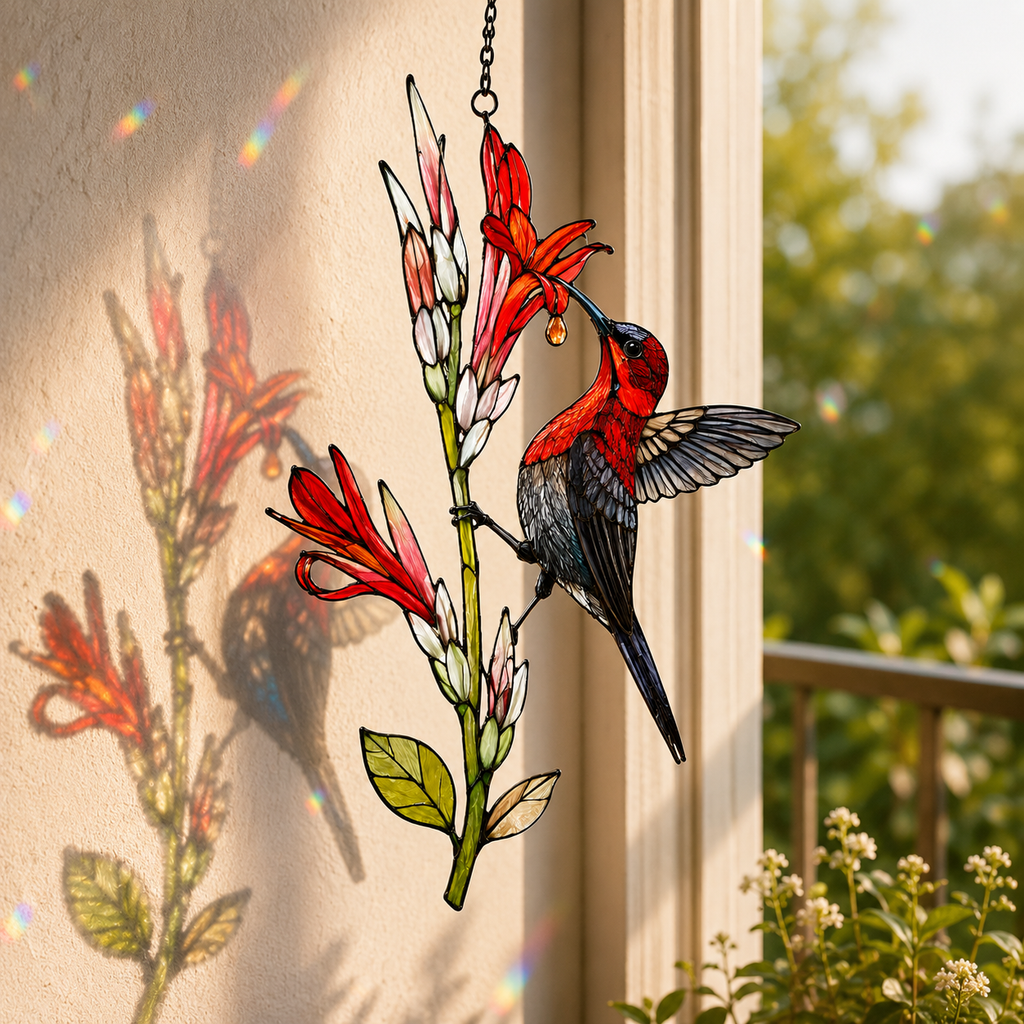Crimson Sunbird & Canna Lily Holographic Acrylic Suncatcher