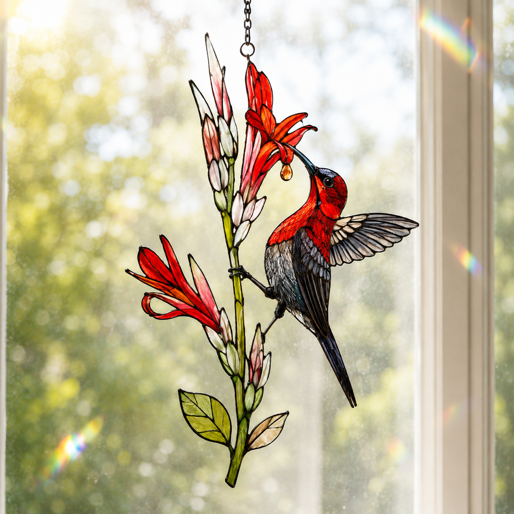 Crimson Sunbird & Canna Lily Holographic Acrylic Suncatcher