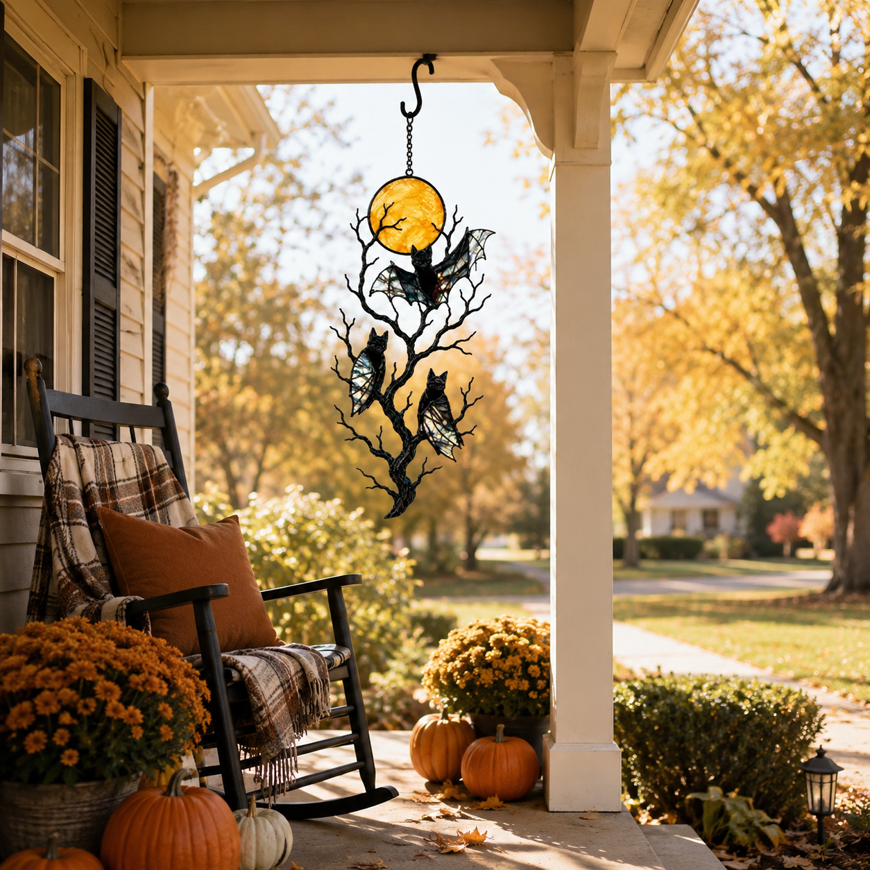 Three Bats on a Bare Tree Under a Harvest Moon Holographic Acrylic Suncatcher