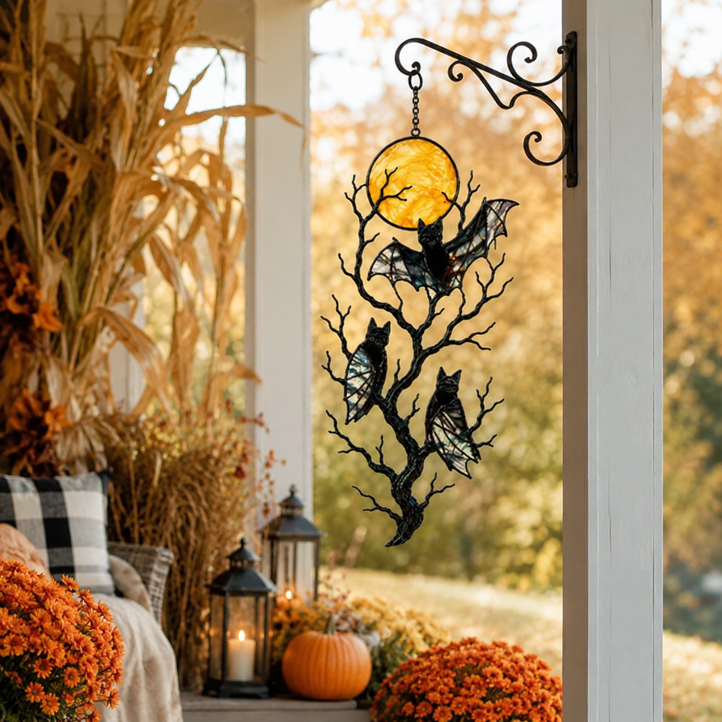 Three Bats on a Bare Tree Under a Harvest Moon Holographic Acrylic Suncatcher