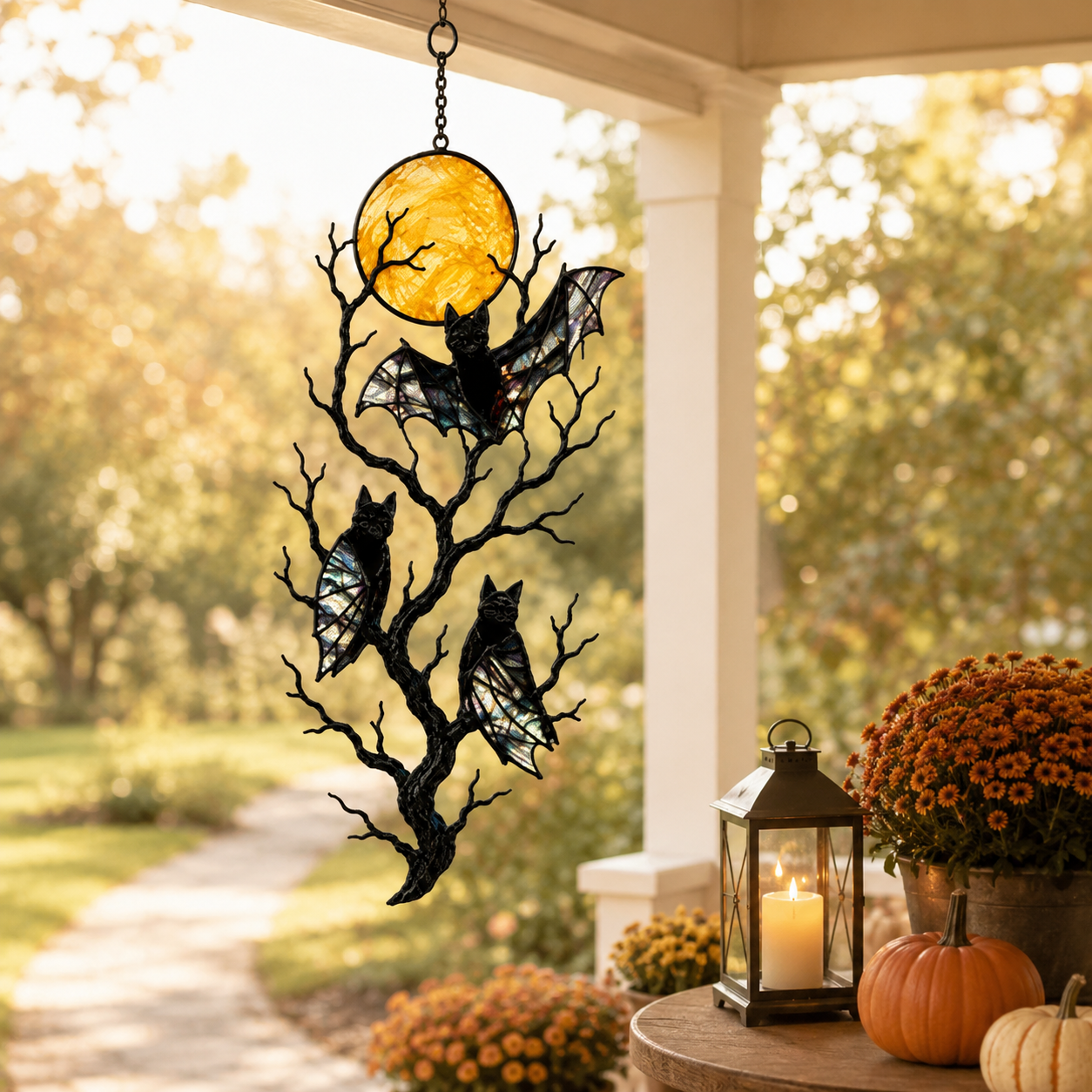 Three Bats on a Bare Tree Under a Harvest Moon Holographic Acrylic Suncatcher