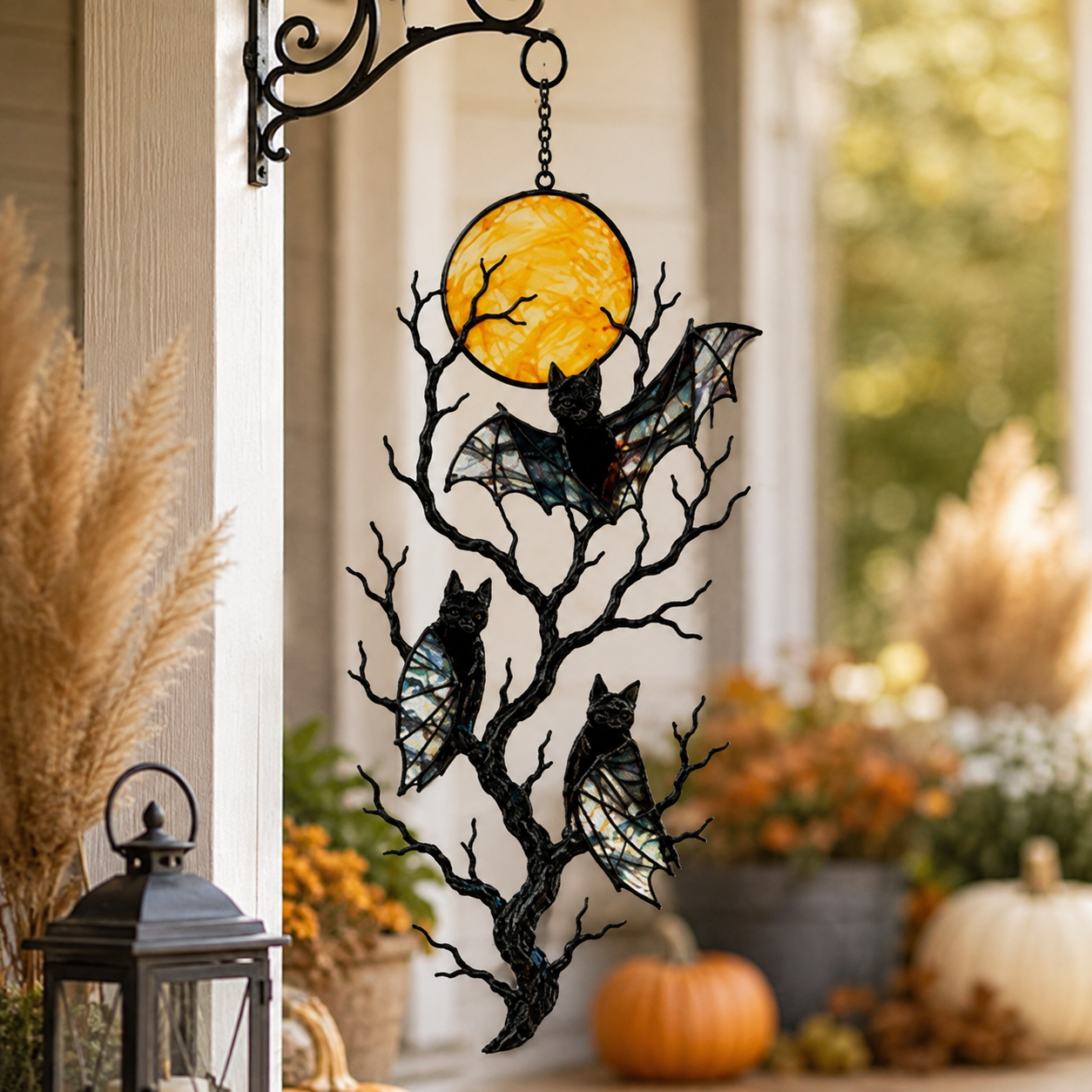 Three Bats on a Bare Tree Under a Harvest Moon Holographic Acrylic Suncatcher