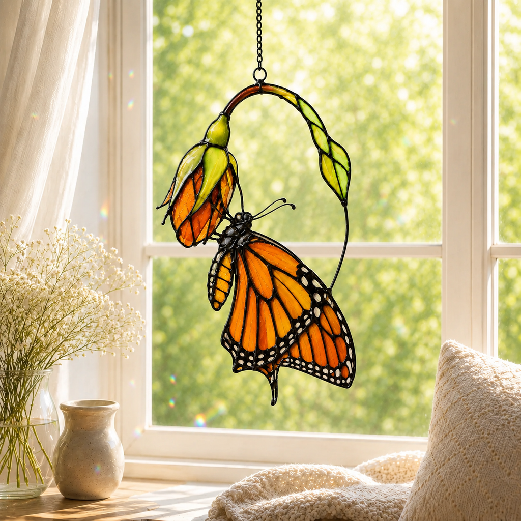 Monarch Butterfly & Pink Milkweed Bloom Holographic Acrylic Suncatcher