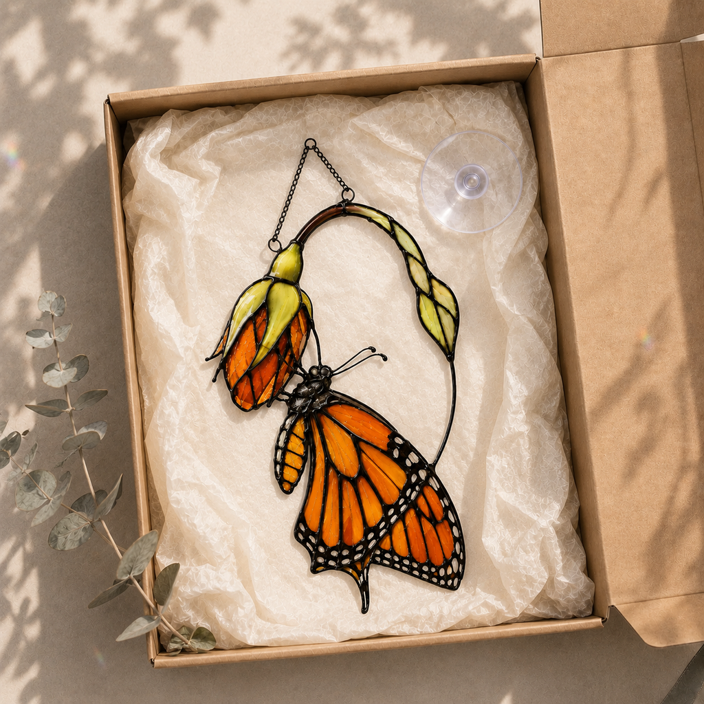 Monarch Butterfly & Pink Milkweed Bloom Holographic Acrylic Suncatcher