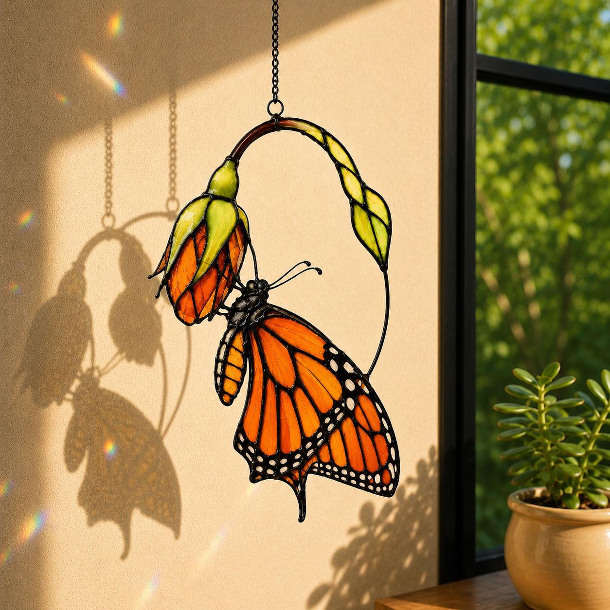 Monarch Butterfly & Pink Milkweed Bloom Holographic Acrylic Suncatcher
