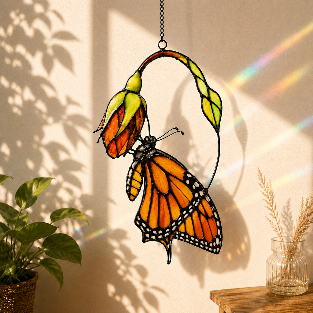 Monarch Butterfly & Pink Milkweed Bloom Holographic Acrylic Suncatcher