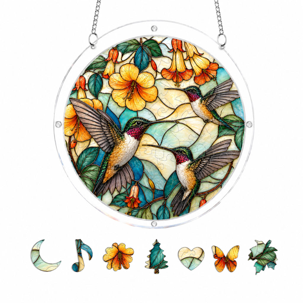 Three Hummingbirds Yellow Flower Acrylic Jigsaw Puzzle Suncatcher