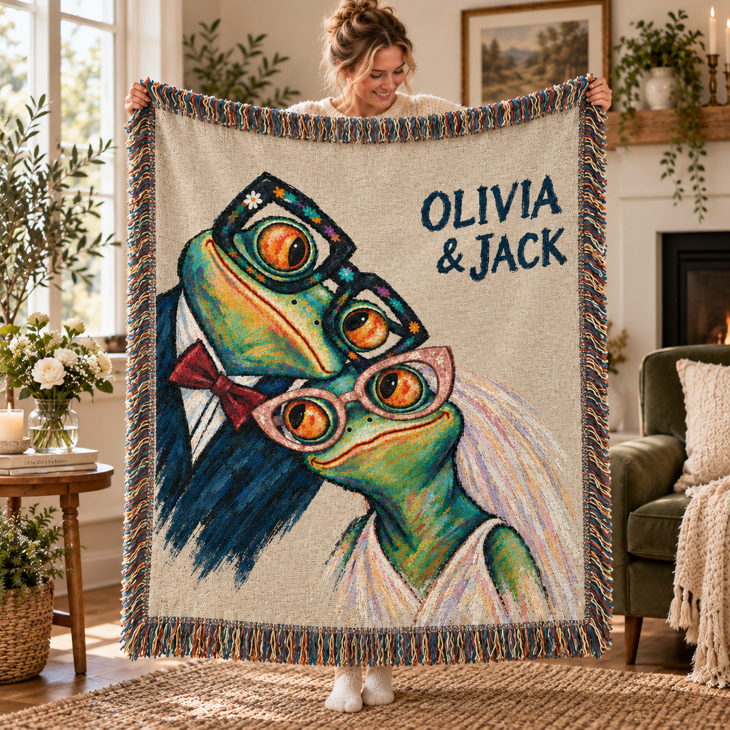 Personalized Sunday Best Frog Couple Woven Blanket