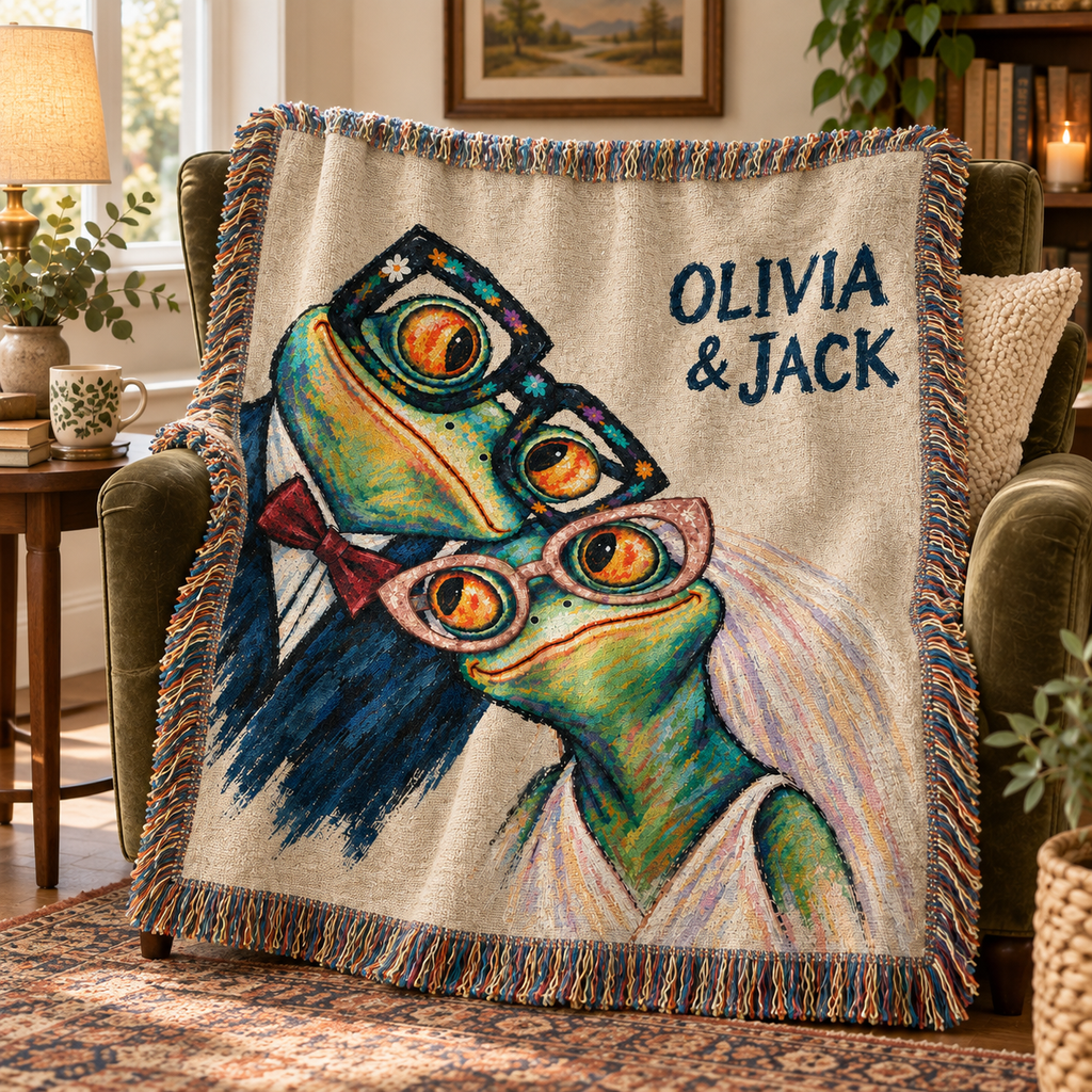 Personalized Sunday Best Frog Couple Woven Blanket